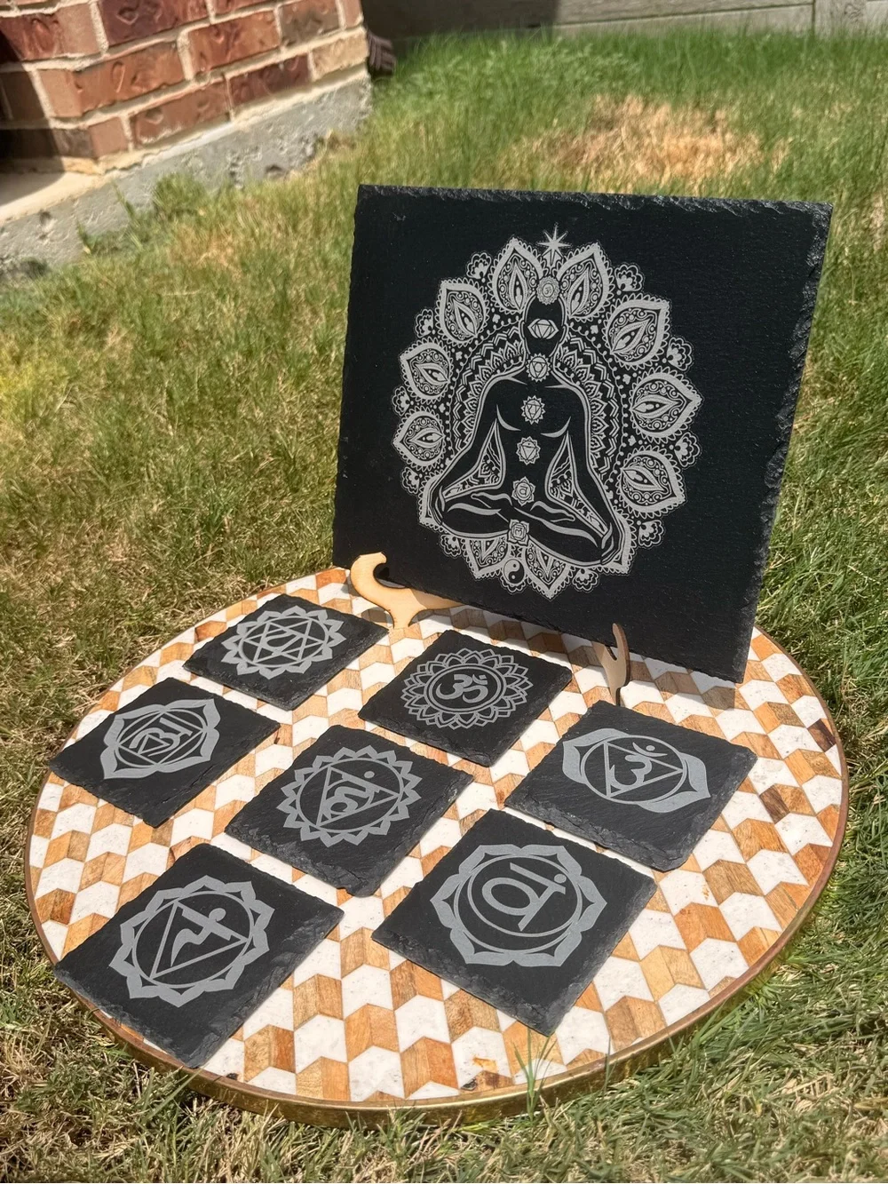 Meditative Chakra Slate Wall Art Set in Black and Silver - Brand: